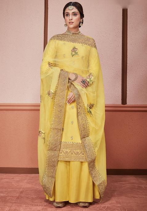 Yellow Embroidered Silk Kurta Set