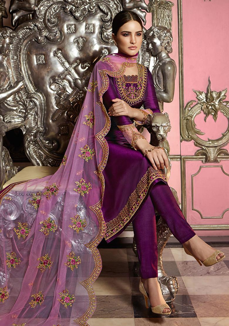 Wine Embroidered Georgette Kurta Set - Indya