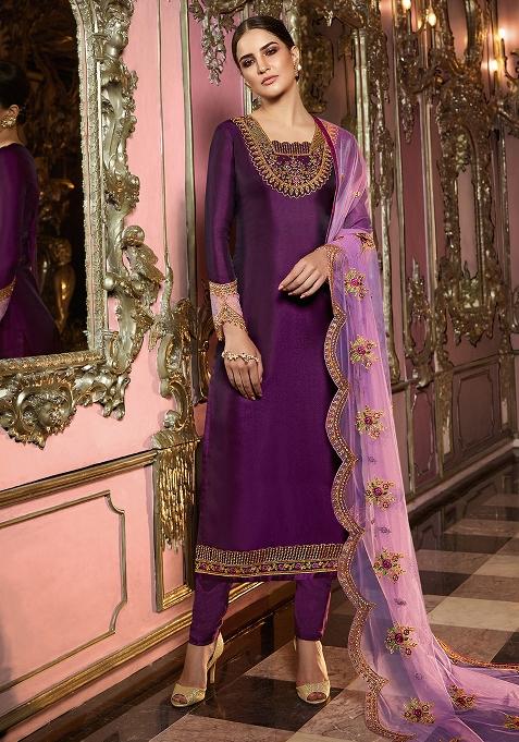 Wine Embroidered Georgette Kurta Set