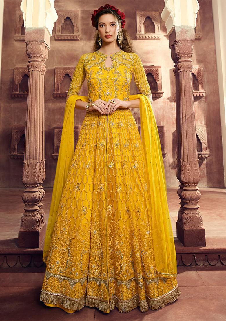 Yellow Embroidered Net Anarkali Set - Indya