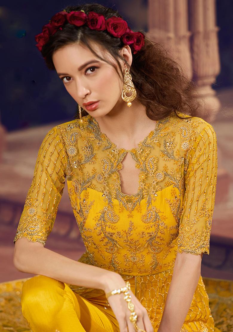 Yellow Embroidered Net Kurta Set - Indya