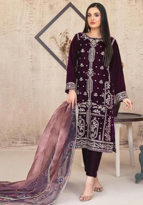 Wine Embroidered Velvet Salwar Suit