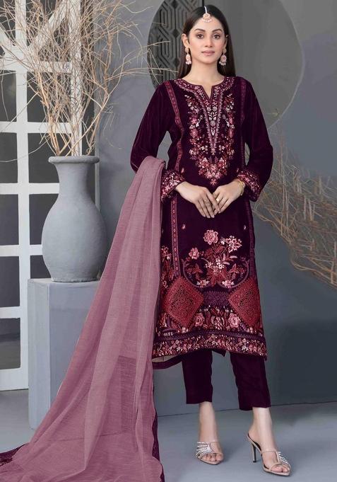 Wine Embroidered Velvet Salwar Suit