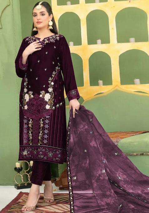 Purple Embroidered Velvet Salwar Suit