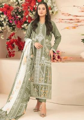 Green Embroidered Cotton Kurta Set