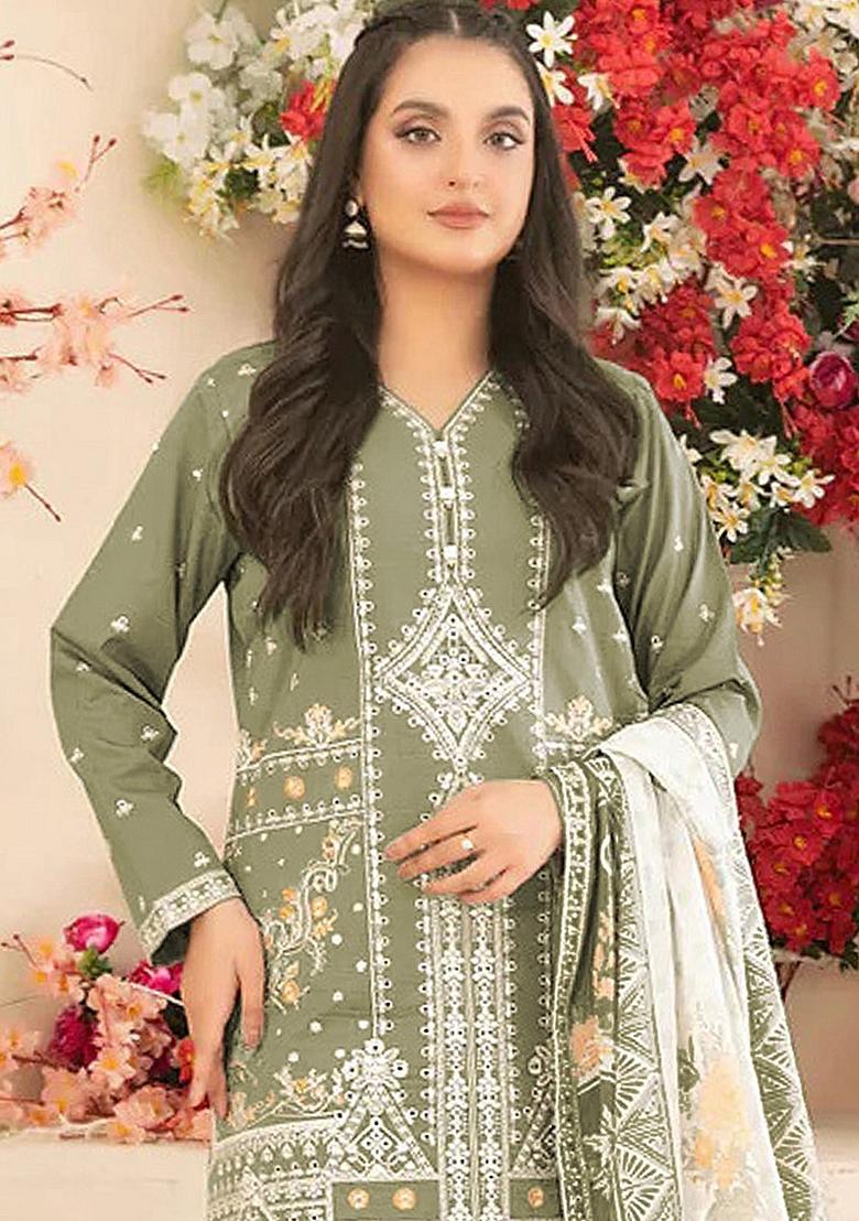 Green Embroidered Cotton Kurta Set - Indya