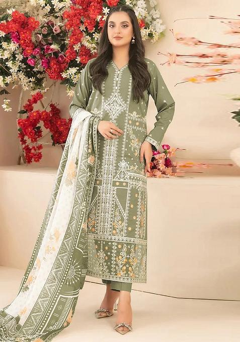 Green Embroidered Cotton Kurta Set