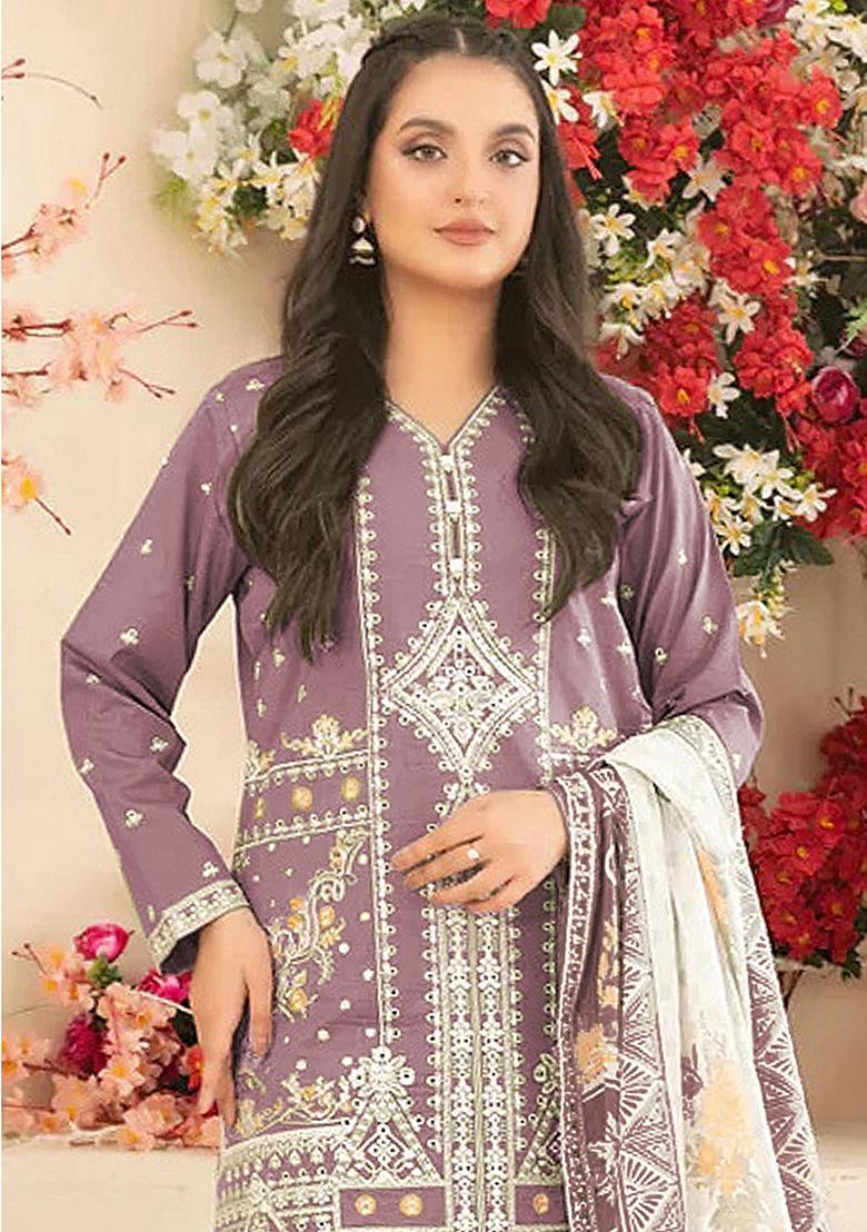 Mauve Embroidered Cotton Kurta Set - Indya