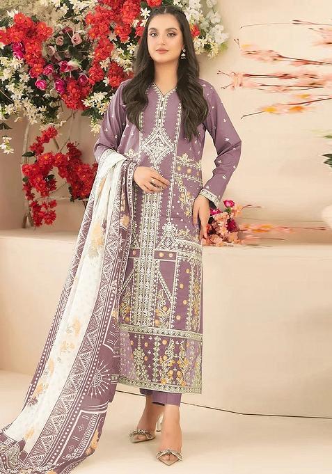 Mauve Embroidered Cotton Kurta Set