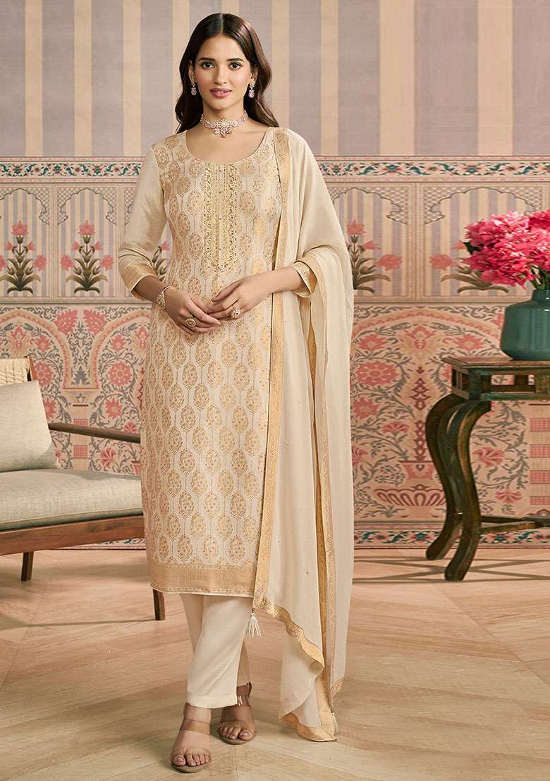 Cream Chikankari Viscose Straight Kurta Set - Indya