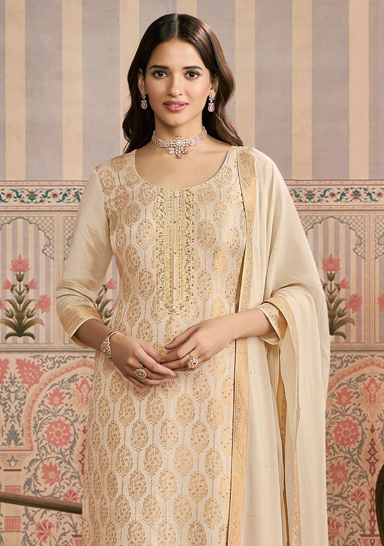 Cream Zari Work Viscose Kurta Set - Indya
