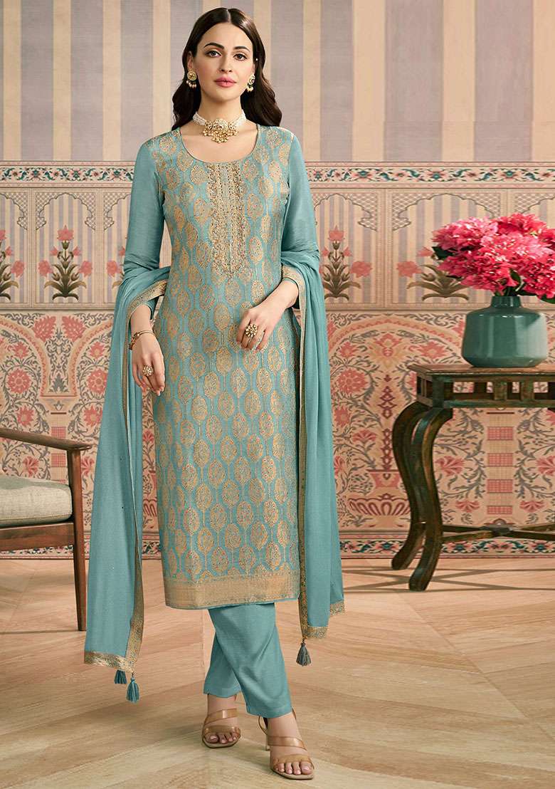 Sky Blue Jacquard Viscose Straight Kurta Set - Indya