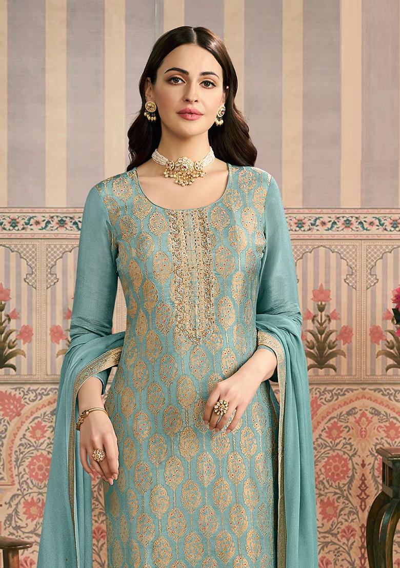 Sky Blue Zari Work Viscose Kurta Set - Indya