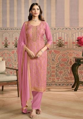 Pink Zari Work Viscose Kurta Set
