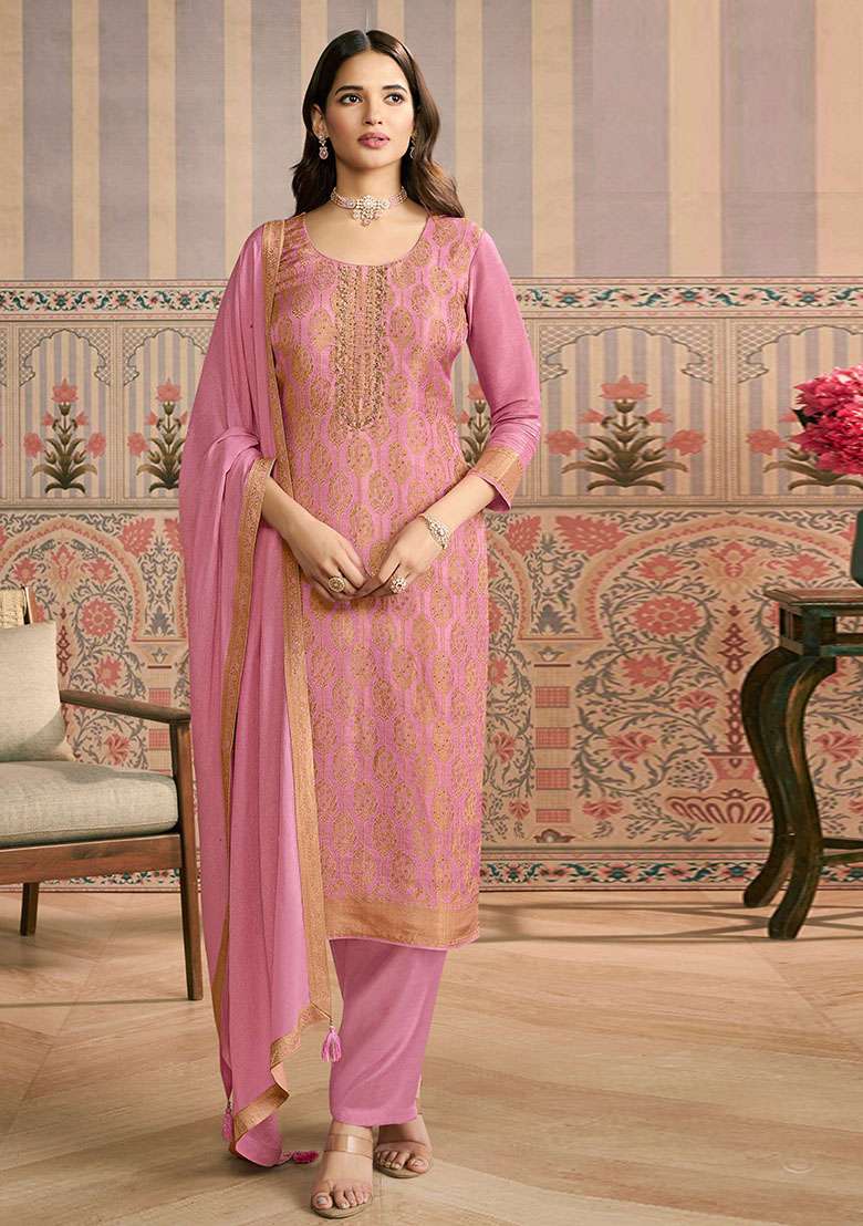 Pink Jacquard Viscose Straight Kurta Set - Indya