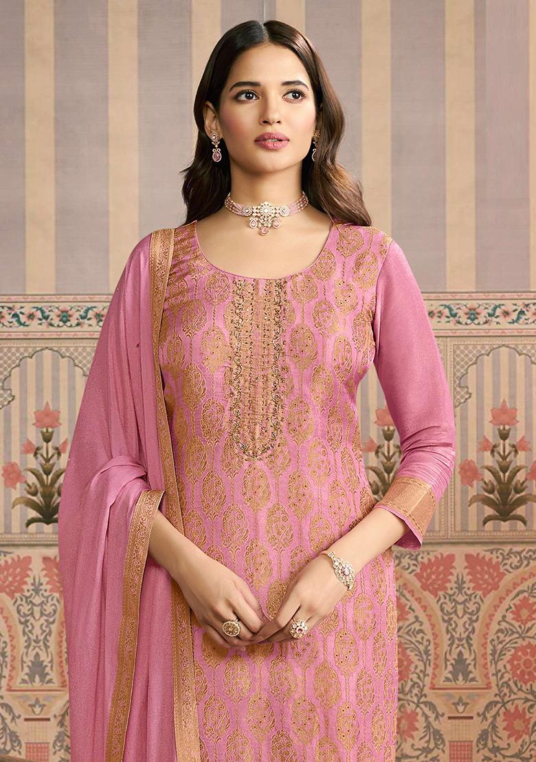 Pink Zari Work Viscose Kurta Set - Indya