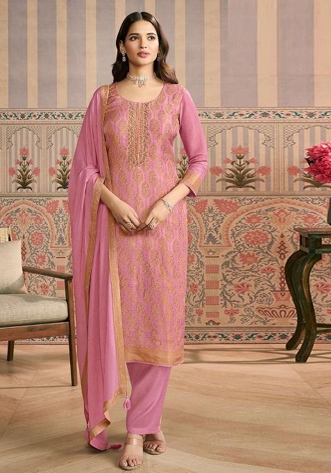 Pink Zari Work Viscose Kurta Set