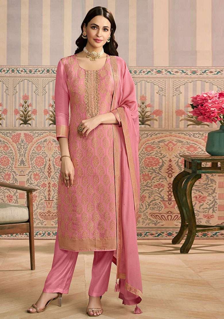 Peach Jacquard Viscose Straight Kurta Set - Indya