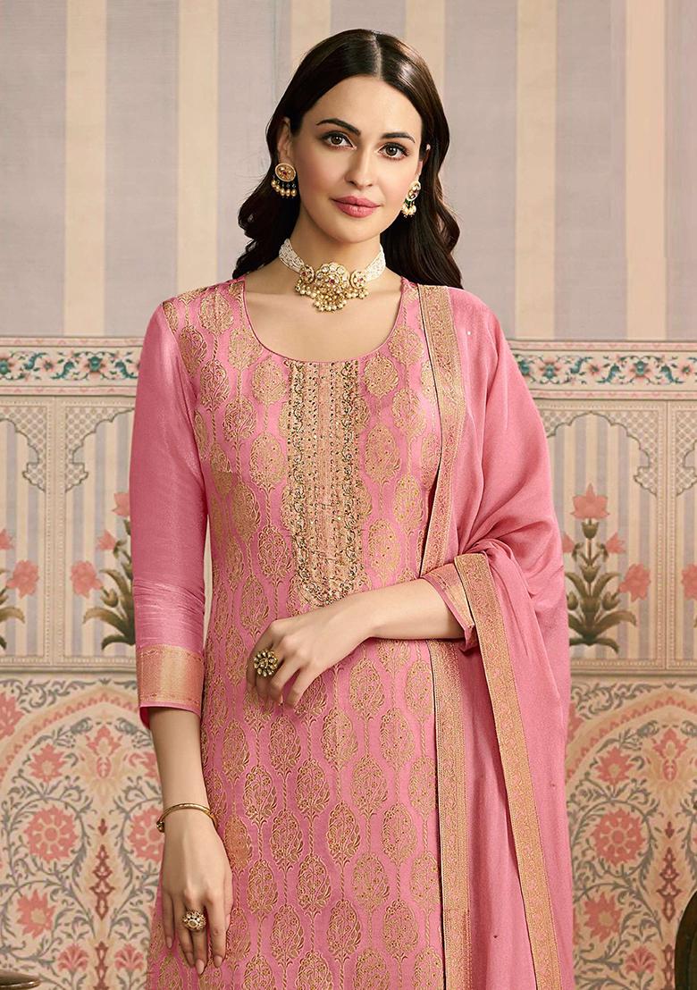 Peach Zari Work Viscose Kurta Set - Indya