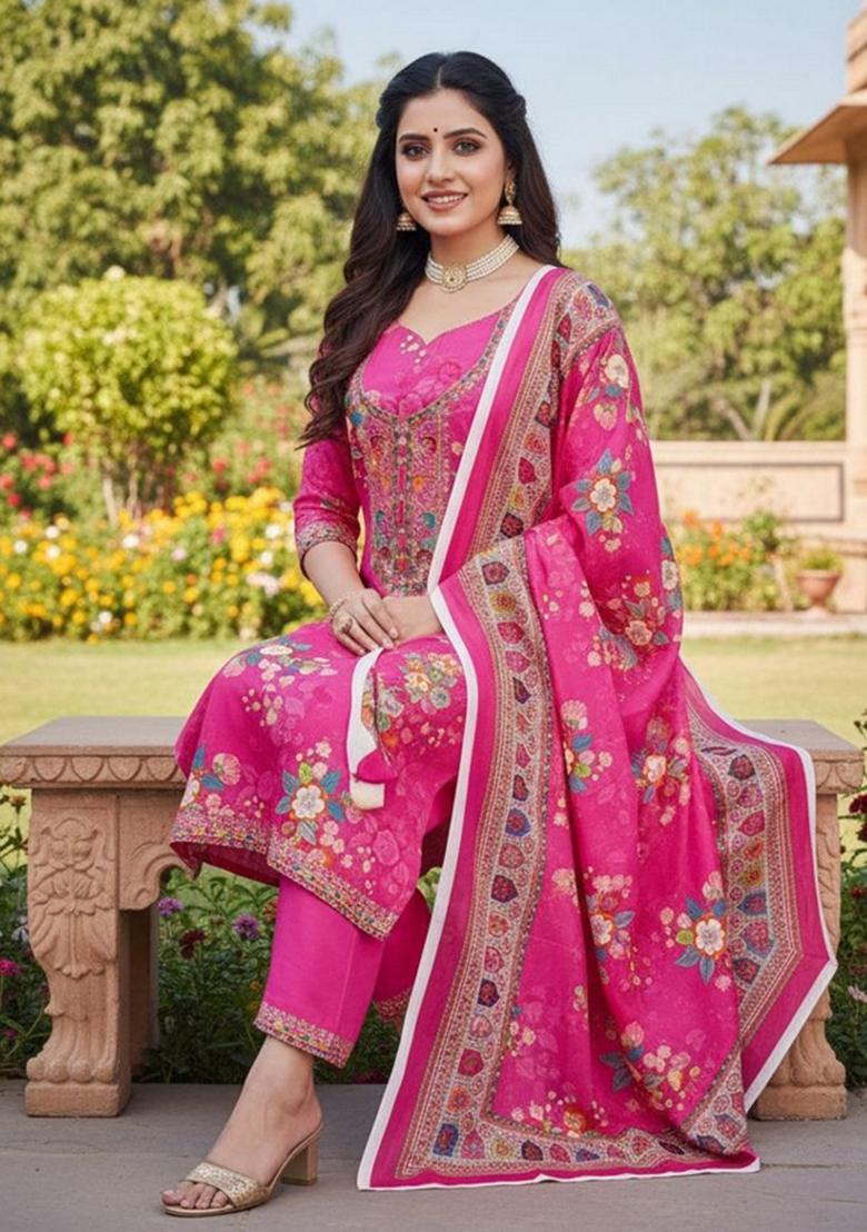 Pink Abstract Silk Kurta Set - Indya