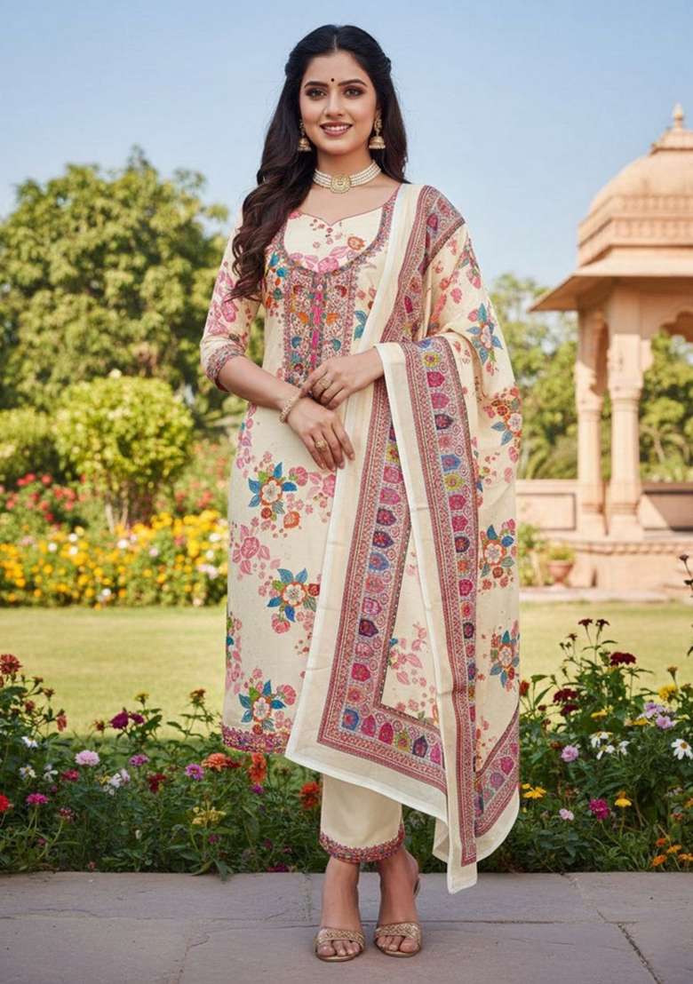 Cream Embroidered Silk Straight Kurta Set - Indya