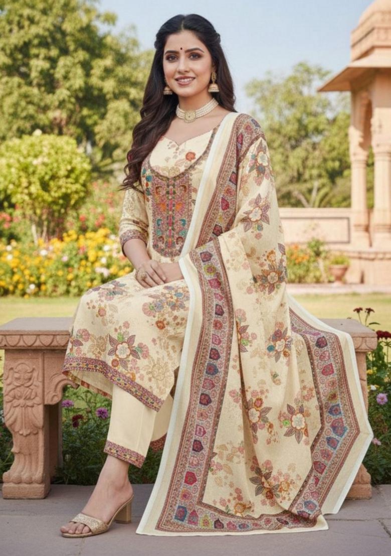 Cream Abstract Silk Kurta Set - Indya