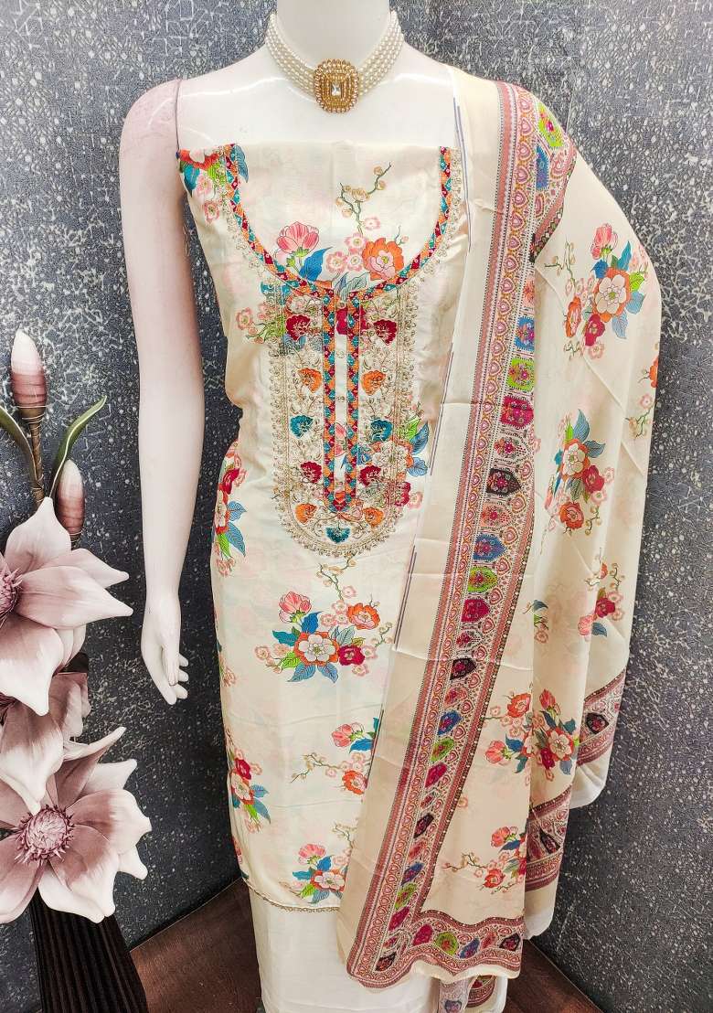 Cream Embroidered Silk Straight Kurta Set - Indya