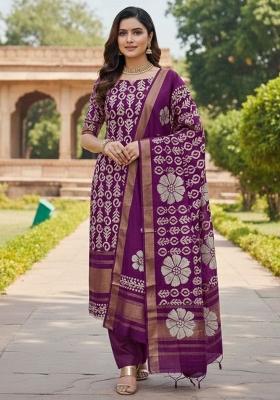 Purple Abstract Silk Kurta Set