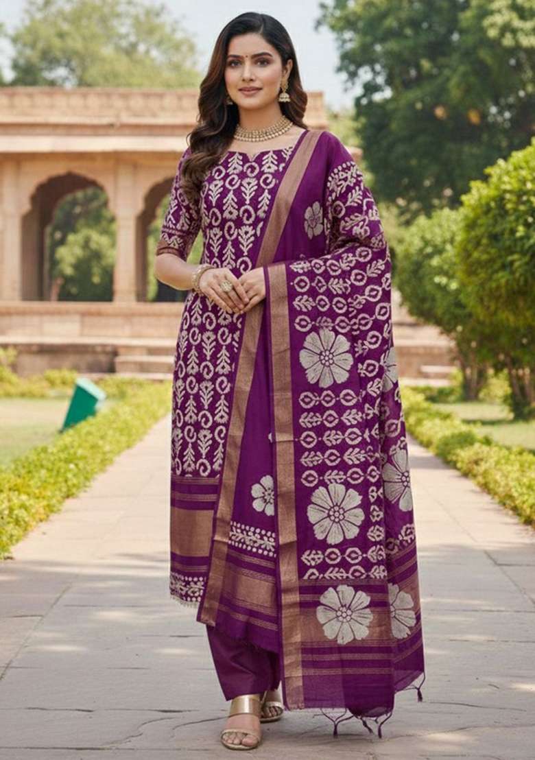 Purple Printed Silk Straight Kurta Set - Indya