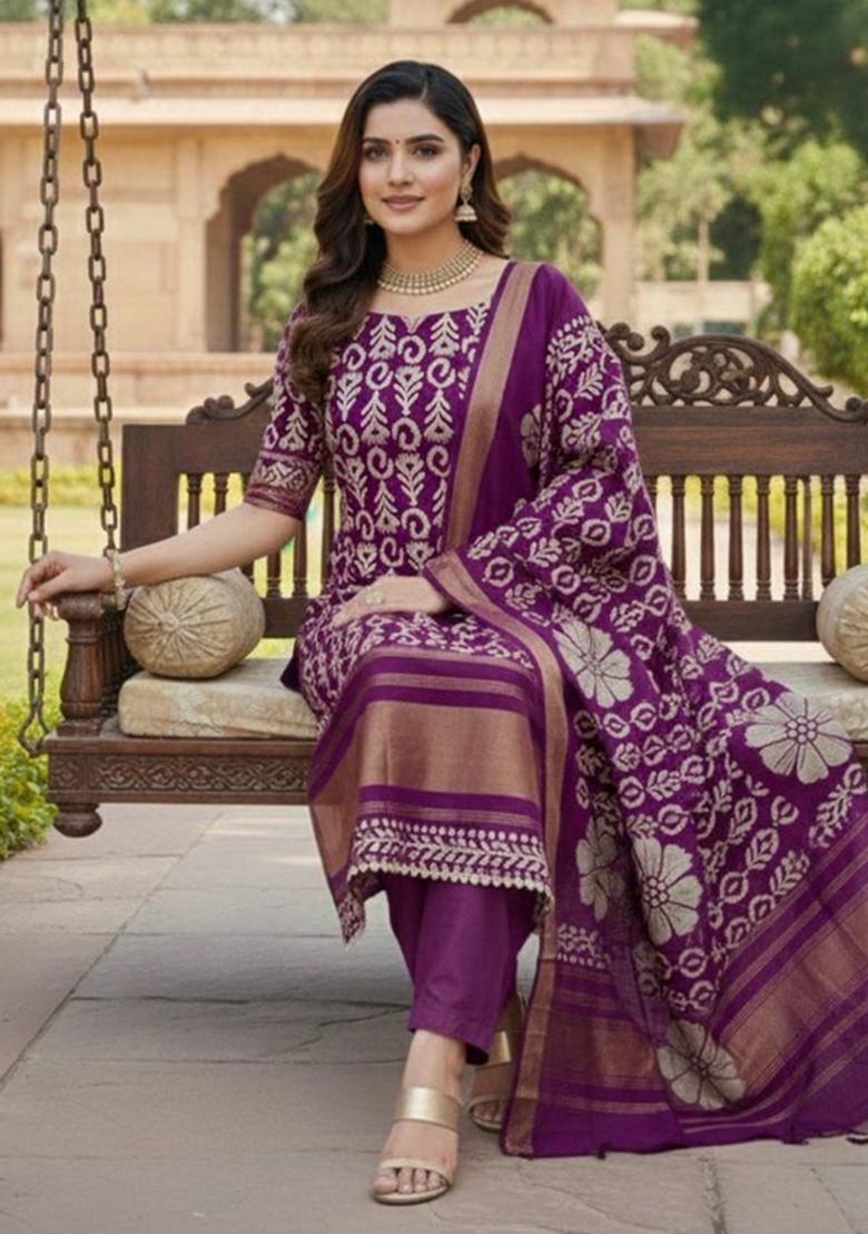 Purple Abstract Silk Kurta Set - Indya