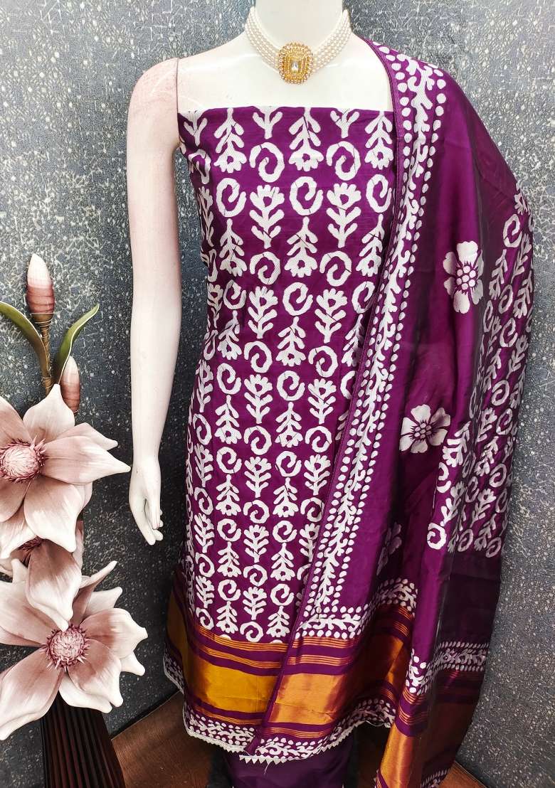Purple Printed Silk Straight Kurta Set - Indya