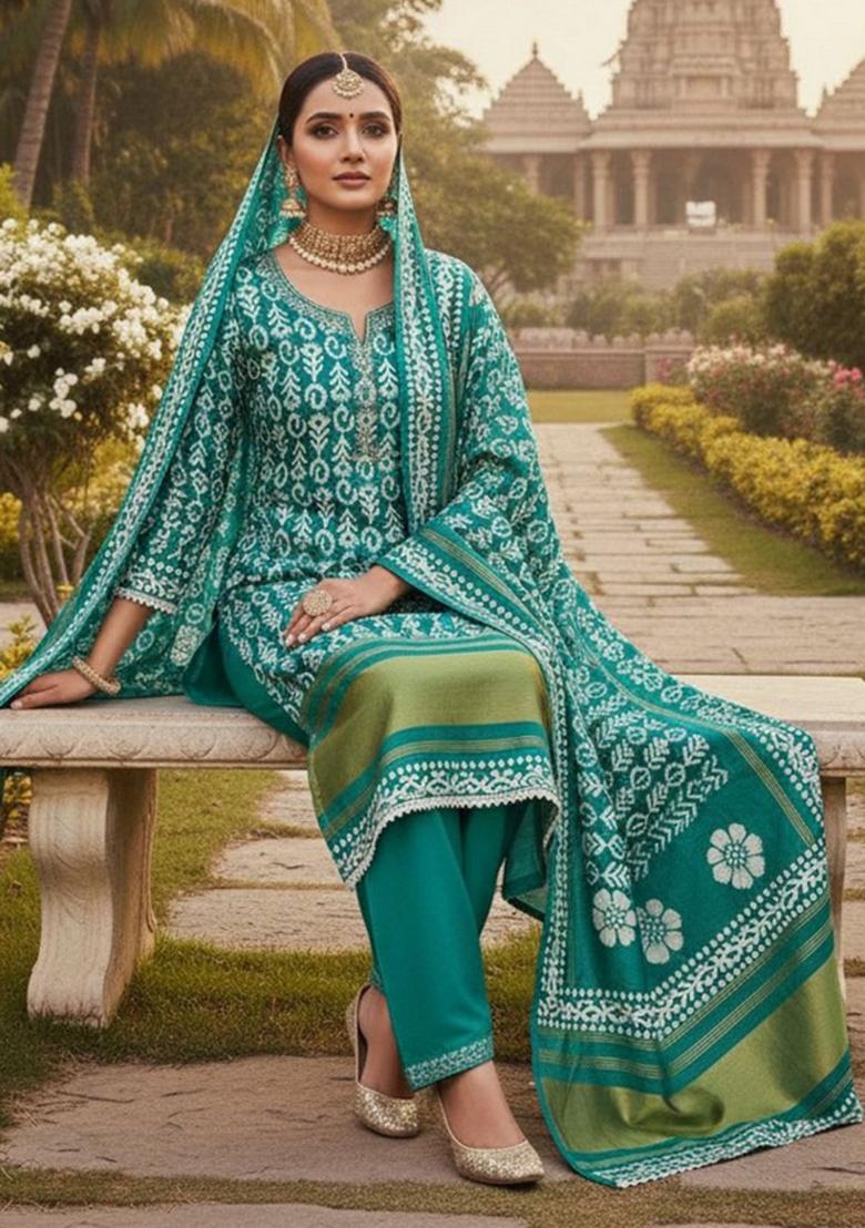 Green Abstract Silk Kurta Set - Indya
