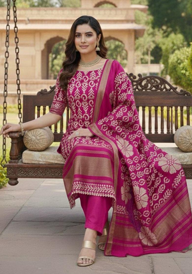Pink Abstract Silk Kurta Set - Indya