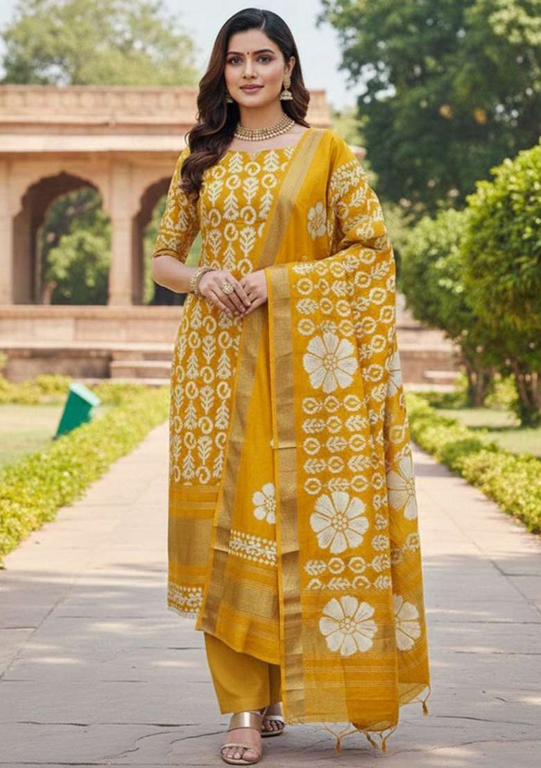 Mustard Printed Silk Straight Kurta Set - Indya