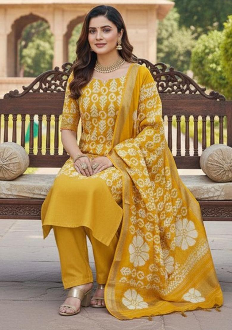 Mustard Abstract Silk Kurta Set - Indya