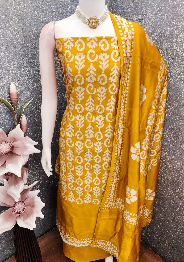 Mustard Printed Silk Straight Kurta Set - Indya