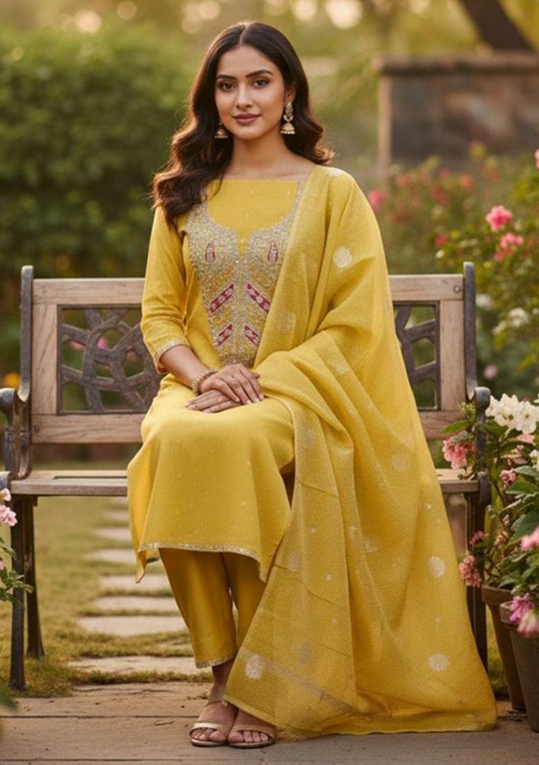 Mustard Embroidered Chiffon Kurta Set - Indya