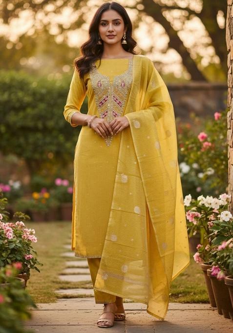 Mustard Embroidered Chiffon Kurta Set