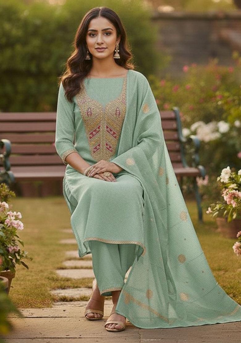 Green Embroidered Chiffon Kurta Set - Indya