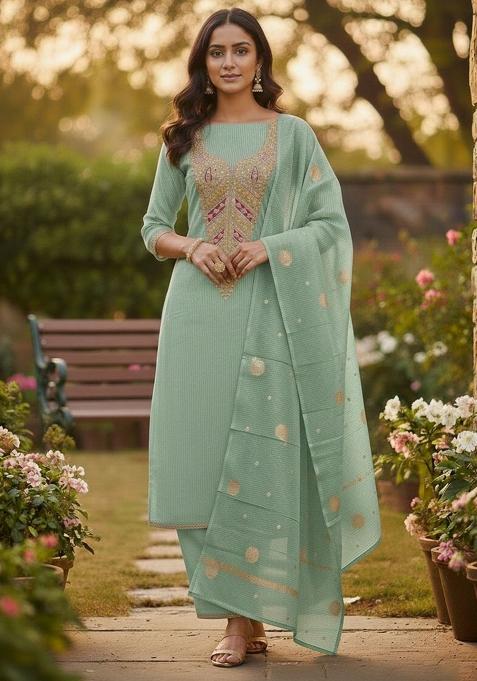 Green Embroidered Chiffon Kurta Set