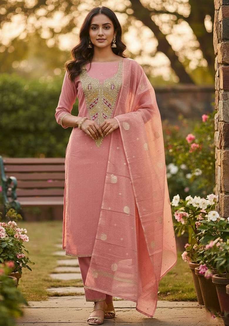 Peach Embroidered Chiffon Straight Kurta Set - Indya