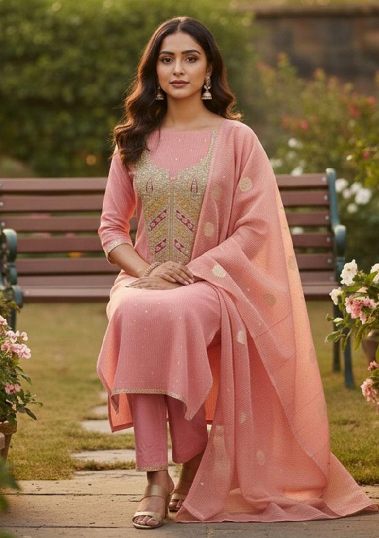 Peach Embroidered Chiffon Kurta Set - Indya