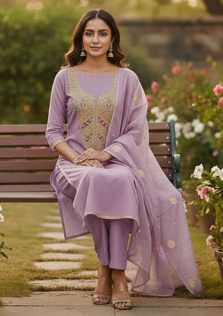 Lavender Embroidered Chiffon Kurta Set - Indya