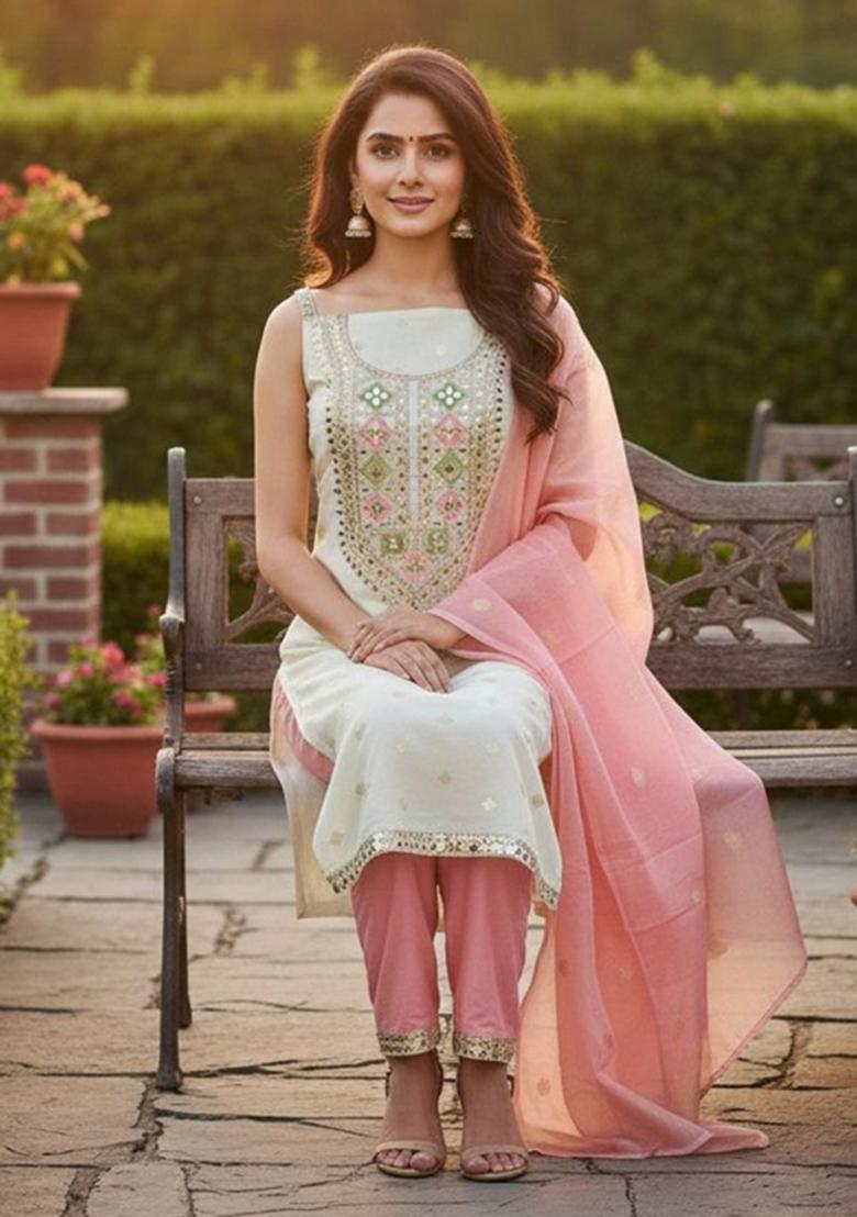 Off White Embroidered Chiffon Kurta Set - Indya