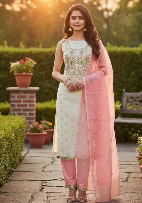 Off White Embroidered Chiffon Kurta Set
