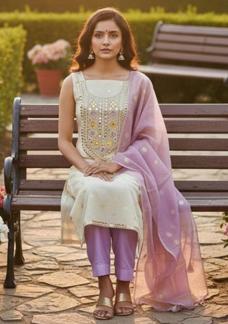 Off White Embroidered Chiffon Kurta Set - Indya