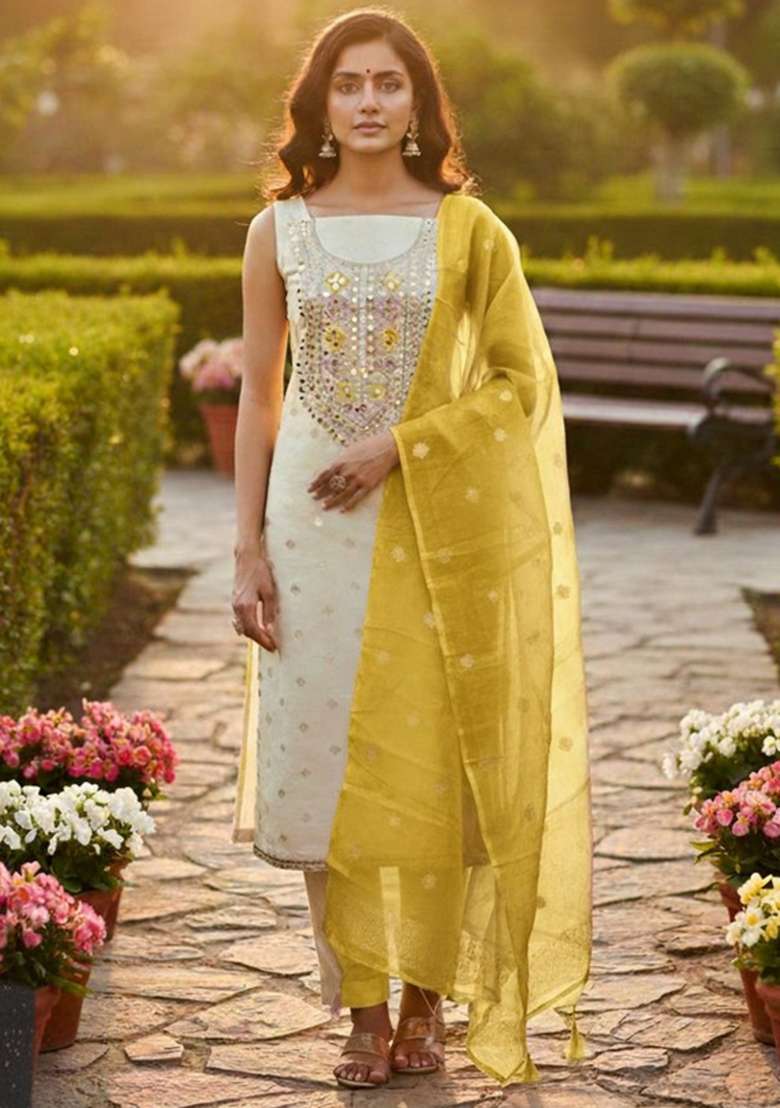 Off White Embroidered Chiffon Straight Kurta Set - Indya