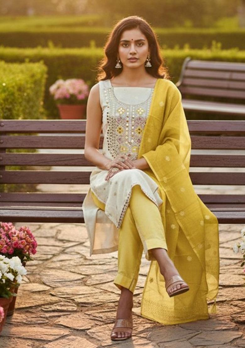 Off White Embroidered Chiffon Kurta Set - Indya