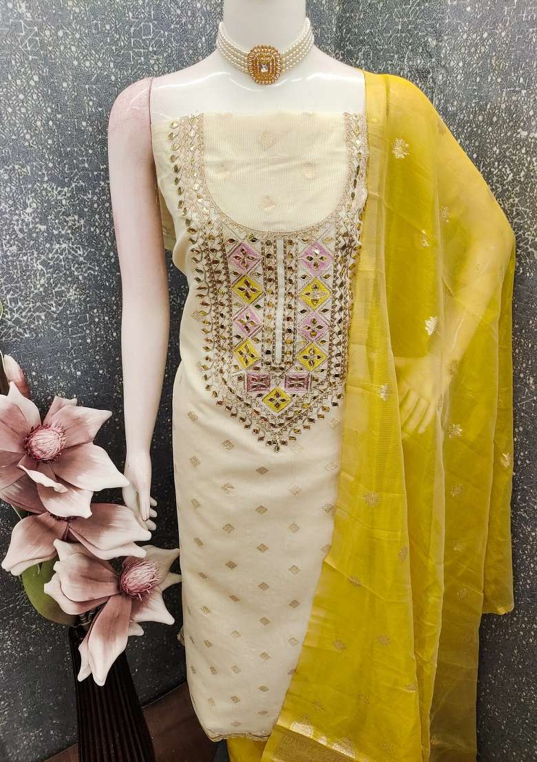 Off White Embroidered Chiffon Straight Kurta Set - Indya