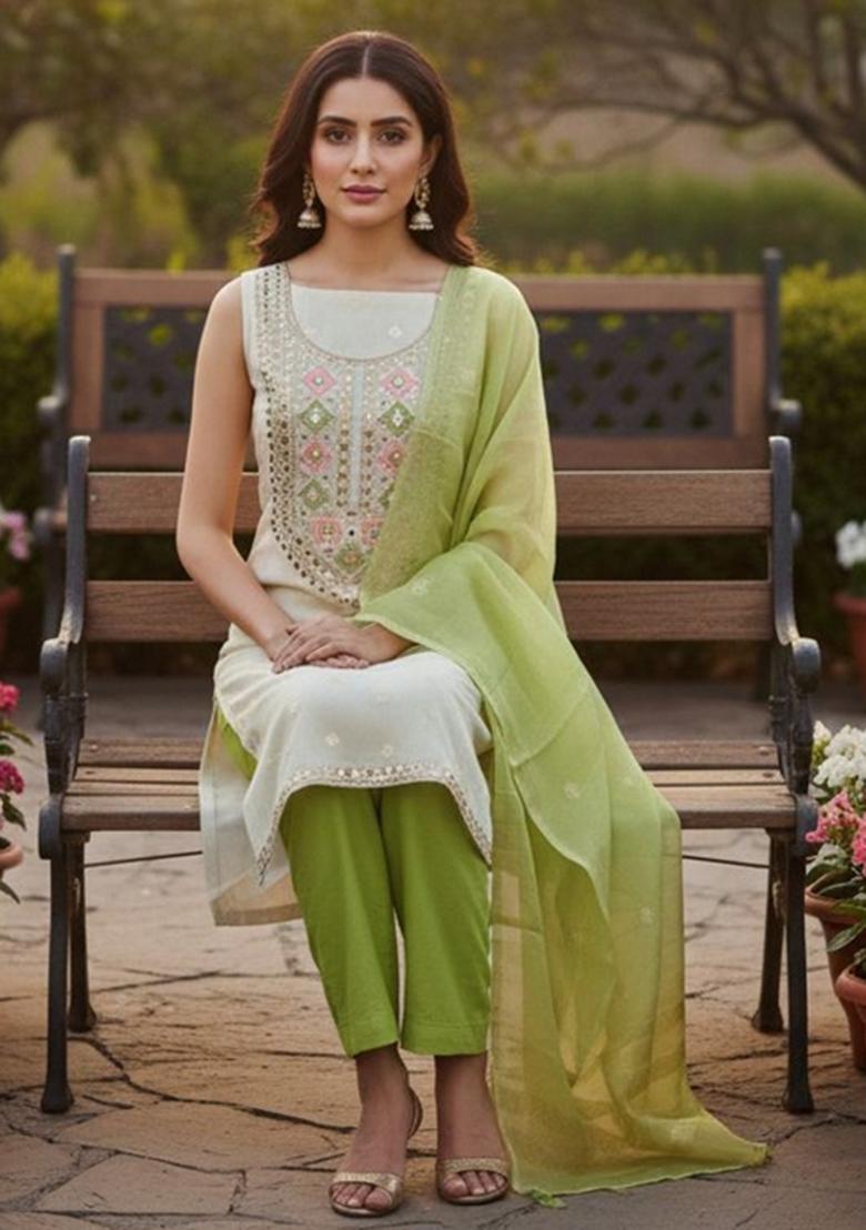 Off White Embroidered Chiffon Kurta Set - Indya